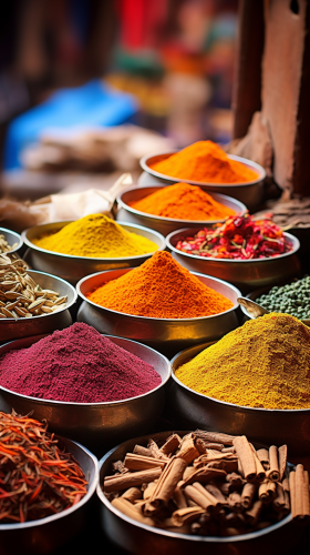 Colorful spices powders and herbs in traditional Delhi market