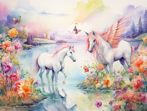 Beautiful unicorns surrounded by colorful butterflies