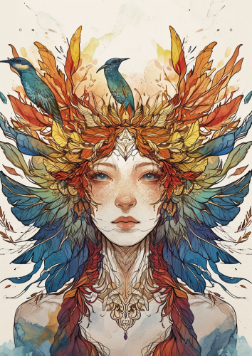 Illustration of a Colorful Woman with Birds on Her Hair
