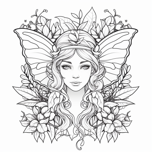 Coloring book elf with leaves, butterflies, and flowers