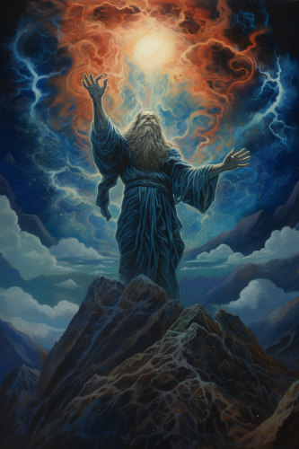 Colossal god looking down on mountains