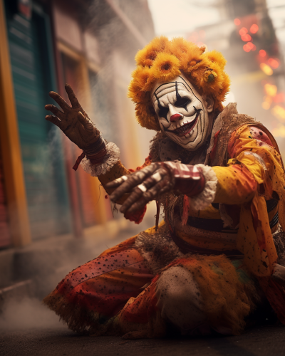 Colossal clown doing yoga on Mexican street during sandstorm