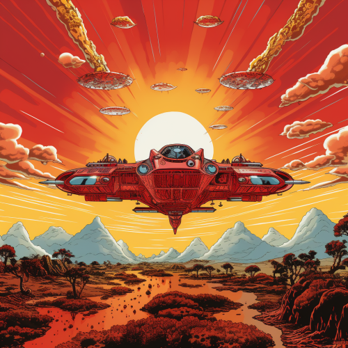 Comic art of solar punk landscape with starship