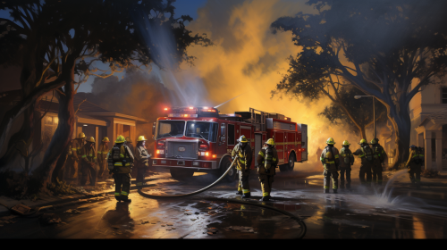 Firefighters and residents working together during emergency Firefighters and residents working together during emergency