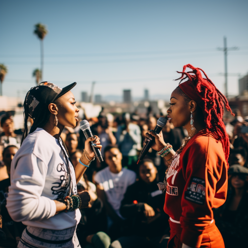 Two African American female rappers in intense battle Two African American female rappers in intense battle