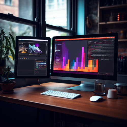 Desktop computer with client portfolio on screen
