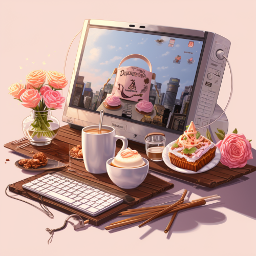 Various items including computer, headphones, phone, boba tea, sushi, coffee, and flowers.