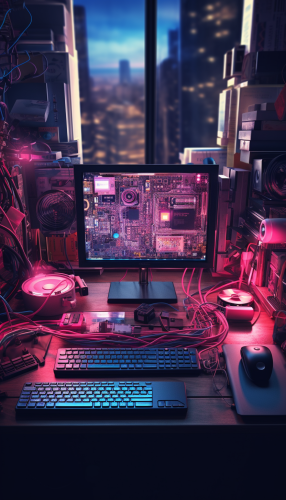 Computer parts and sensors on desk with monitor