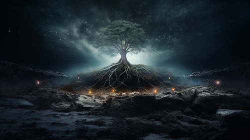 Mystical germinating seed underground in conceptual art