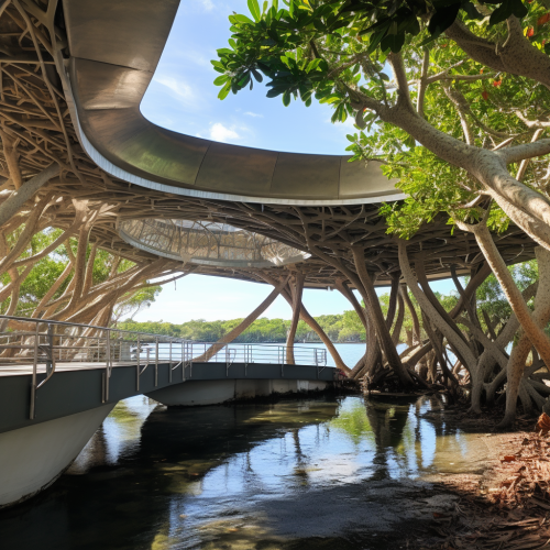 Mangroves and sea surrounding the concrete steel platform
