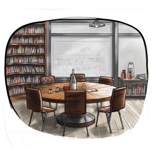 Conference Room with Circular Table, Chairs, and Whiteboard