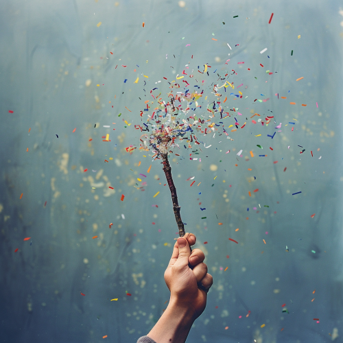 Hand grabbing confetti stick.