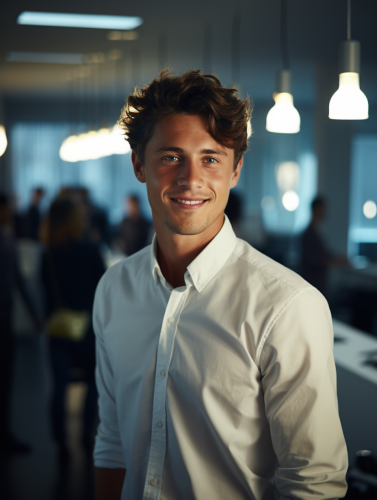 Confident smiling young man in fun tech office Confident smiling young man in fun tech office