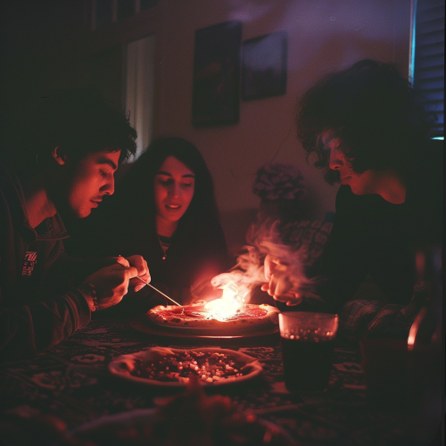 Confused friends with hovering pizza