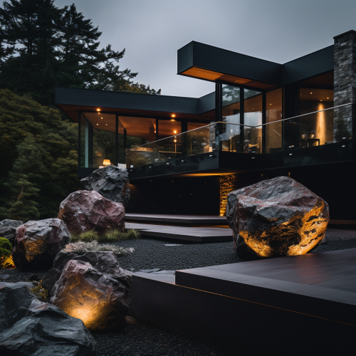 Contemporary modern house with black decorative rocks Contemporary modern house with black decorative rocks