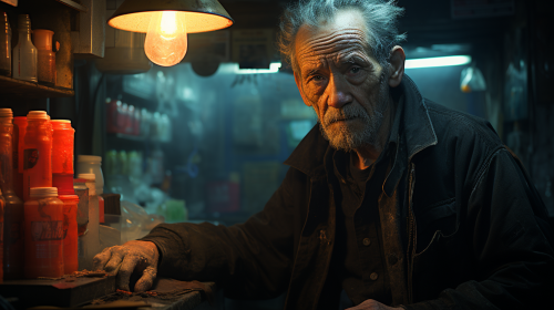 A hyper-realistic depiction of a convenience store cashier