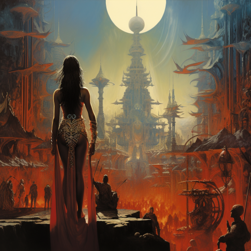 Detailed fantasy city illustration with film grain