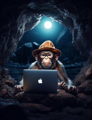 Cool monkey with hat and glasses browsing internet