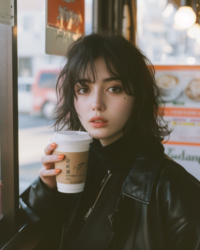 fashionable japanese woman drinking coffee