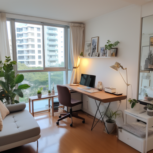 Spacious white corner office with Muji-style desk