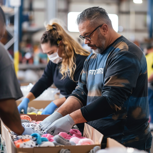employees packing socks in shelter
