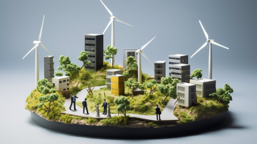 Miniature business people and renewable energy buildings