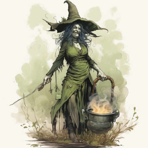 Smiling corpulent wicked witch in bog with cauldron smoke