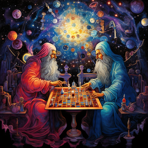 Divine Entities Engaged in Cosmic Chess Game Divine Entities Engaged in Cosmic Chess Game