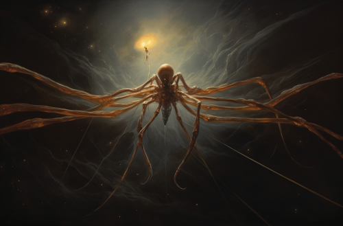 Cosmic spider with human face pulling distant strings