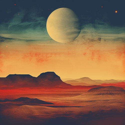 Cosmic desert with golden moon and colorful art