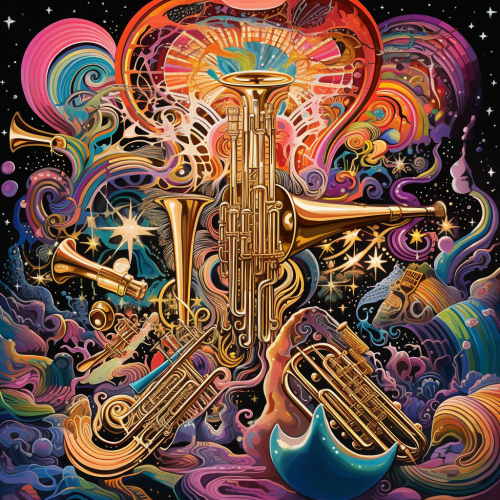 Psychedelic brass instruments creating cosmic music