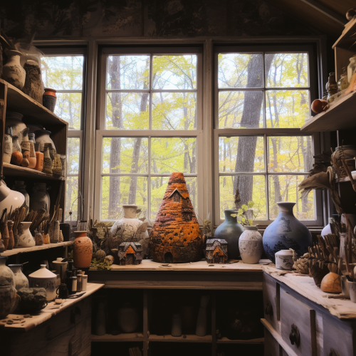 Cottagecore artist studio with ceramics