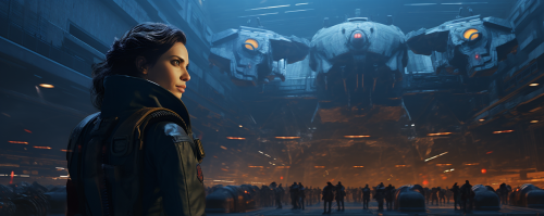 Woman counting spaceships in hangar