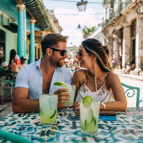 Couple drinking apple mojito tea in Cuban surrounding