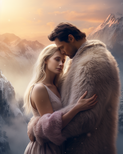 Couple Embracing Bear Magical Setting Couple Embracing Bear Magical Setting