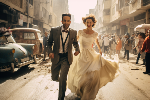 Couple running in Amman downtown with confetti