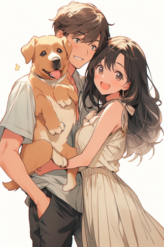 Couple with Yellow Labrador Retriever in Minimalist Setting