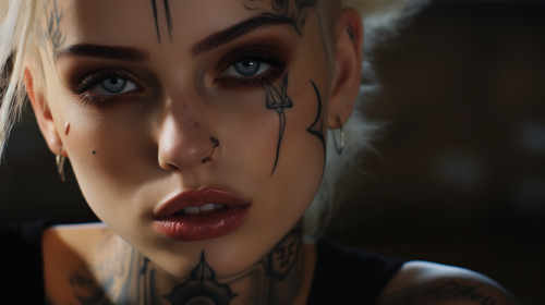 Court woman with striking red and blue eyes