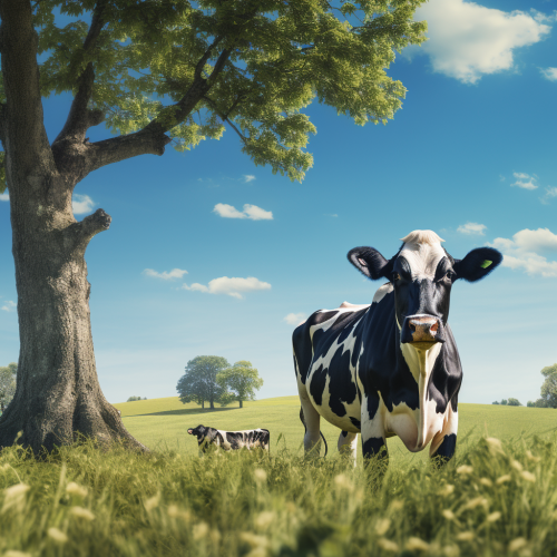 Cow on Grassfield with Blue Sky and Trees Cow on Grassfield with Blue Sky and Trees