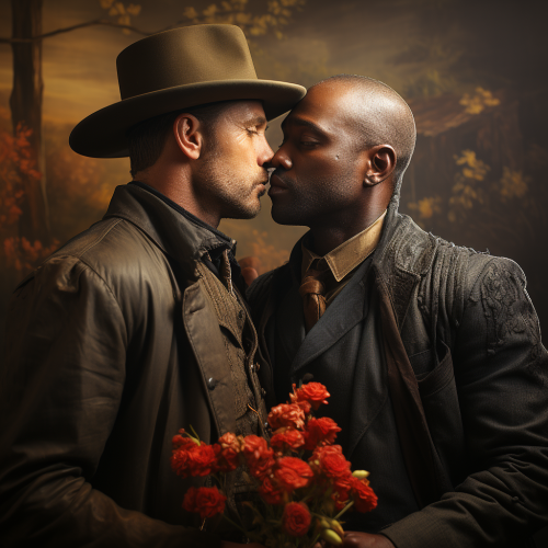 Two cowboy men kissing passionately