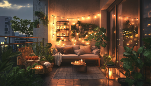Relaxing Balcony with Plants and String Lights Relaxing Balcony with Plants and String Lights