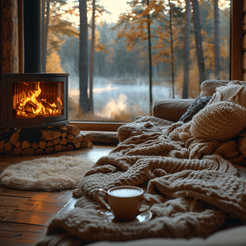 Cozy Cabin in Woods with Fireplace and Coffee Cozy Cabin in Woods with Fireplace and Coffee