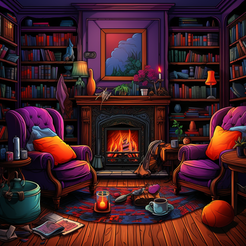 Cozy living room with fireplace, armchairs, and books.