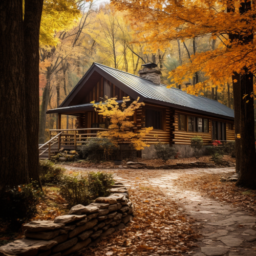 Cozy log cabin surrounded by autumn trees Cozy log cabin surrounded by autumn trees