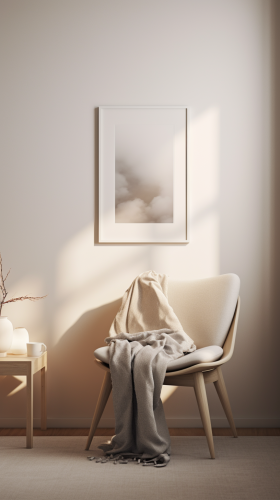 Cozy minimalist scandinavian style room with chair and prints