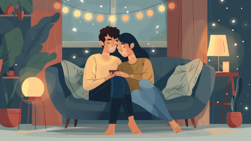 Young couple sitting together small couch