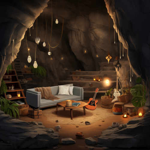 Cozy cave interior during a rainstorm