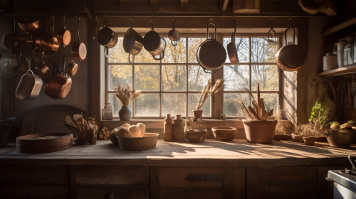 Cozy Rustic Kitchen with Vintage Copper Pots Cozy Rustic Kitchen with Vintage Copper Pots