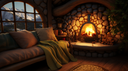 Hobbit cabin interior with fabric sofa and wooden stove