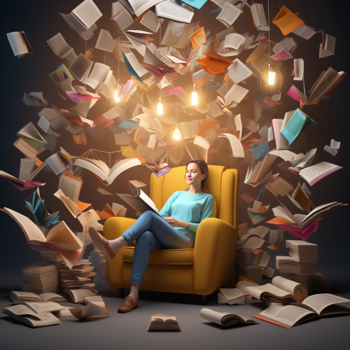 Person sitting in cozy chair flipping through books